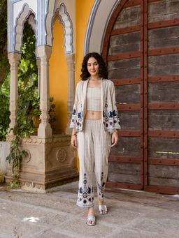 AADEWS - Women Beige Hitch Embroidery Crop Top with Blazer and Pant