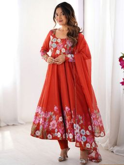 Odette - Orange Georgette Printed Anarkali Kurta with Pant and Dupatta
