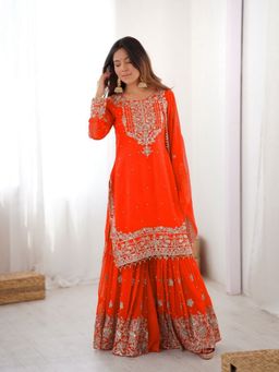 Odette - Orange Georgette Embellished Kurta with Sharara and Dupatta
