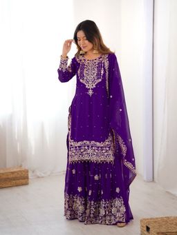 Odette - Purple Georgette Embellished Kurta with Sharara and Dupatta