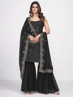 Odette - Black Georgette Embroidered Kurta with Sharara and Dupatta