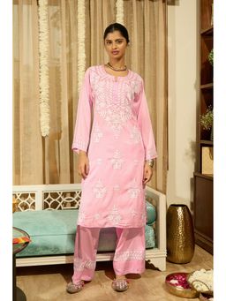 HOUSE OF KARI - Pink Cotton Embroidered Round Neck Kurta with Kurta