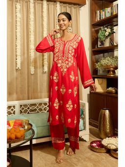 HOUSE OF KARI - Red Cotton Embroidered Round Neck Kurta with Pant