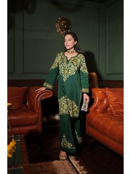 HOUSE OF KARI - Green Cotton Embroidered Round Neck Kurta with Palazzo