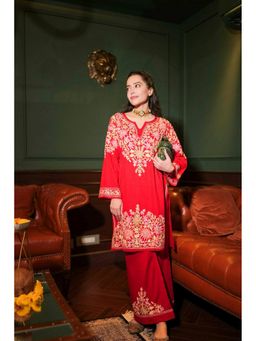 HOUSE OF KARI - Red Cotton Embroidered Round Neck Kurta with Palazzo