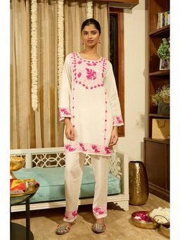 HOUSE OF KARI - White Cotton Embroidered Round Neck Kurta with Pant