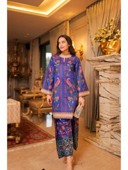 HOUSE OF KARI - Blue Cotton Blend Floral Round Neck Kurta with Palazzo