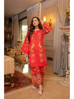 HOUSE OF KARI - Red Cotton Blend Floral Round Neck Kurta with Palazzo