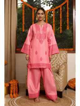 HOUSE OF KARI - Pink Cotton Blend Printed Round Neck Kurta with Palazzo