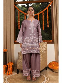 HOUSE OF KARI - Mauve Cotton Blend Floral Round Neck Kurta with Palazzo