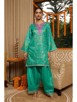 HOUSE OF KARI - Green Cotton Blend Floral Round Neck Kurta with Palazzo