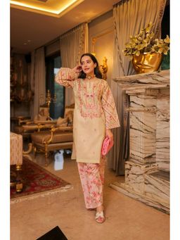 HOUSE OF KARI - Cream Cotton Blend Floral Round Neck Kurta with Palazzo