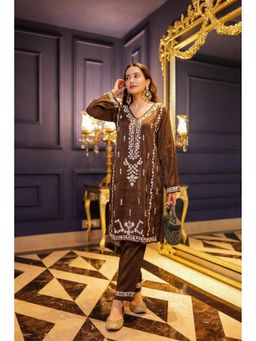 HOUSE OF KARI - Brown Viscose Embroidered V-Neck Kurta with Pant