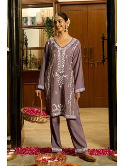 HOUSE OF KARI - Purple Cotton Embroidered V-Neck Kurta with Pant