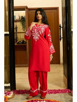 HOUSE OF KARI - Red Cotton Embroidered Round Neck Kurta with Palazzo