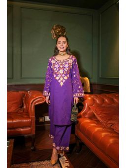 HOUSE OF KARI - Purple Cotton Embroidered Round Neck Kurta with Pant