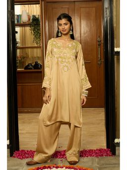 HOUSE OF KARI - Beige Silk Embroidered Round Neck Kurta with Palazzo