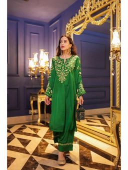 HOUSE OF KARI - Green Cotton Embroidered Round Neck Kurta with Palazzo