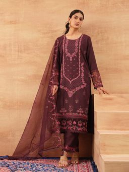 ISHIN - Women Wine Roman Silk Kurta with Pant and Dupatta
