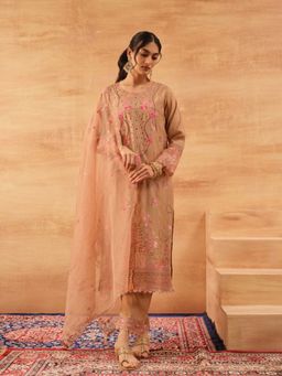 ISHIN - Women Beige Roman Silk Kurta with Pant and Dupatta