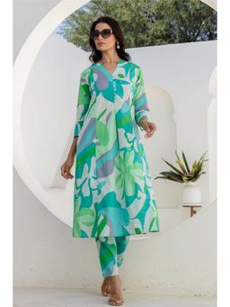 Kohsh - Women Green Cotton Print A-line Kurta with Pant