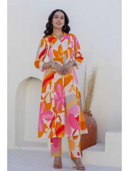 Kohsh - Women Orange and Pink Cotton Print A-line Kurta with Pant