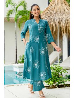 Kohsh - Women Cotton Floral Print A-line Teal Kurta with Palazzo