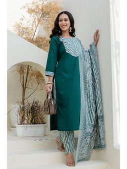 Kohsh - Women Green Straight Mul Cotton Kurta with Pant and Dupatta