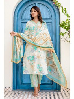 Kohsh - Women Green Straight Cotton Kurta with Pant and Dupatta