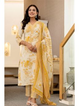 Kohsh - Women Mustard Straight Cotton Kurta with Pant and Dupatta