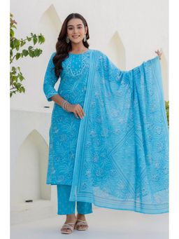 Kohsh - Women Blue Straight Cotton Kurta with Pant and Dupatta
