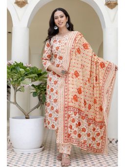 Kohsh - Women Off White Straight Cotton Kurta with Pant and Dupatta