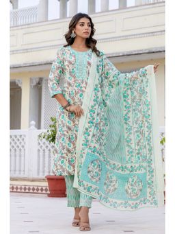 Kohsh - Women Cream Straight Cotton Kurta with Pant and Dupatta