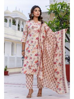 Kohsh - Women Beige Mul Cotton Kurta with Pant and Dupatta