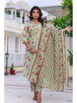 Kohsh - Women Green Straight Mul Cotton Kurta with Pant and Dupatta