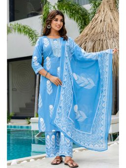 Kohsh - Women Blue Straight Mul Cotton Kurta with Palazzo and Dupatta