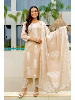 Kohsh - Women Beige Straight Mul Cotton Kurta with Palazzo and Dupatta