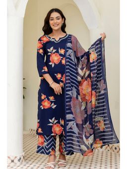 Kohsh - Women Blue Straight Cotton Kurta with Palazzo and Dupatta