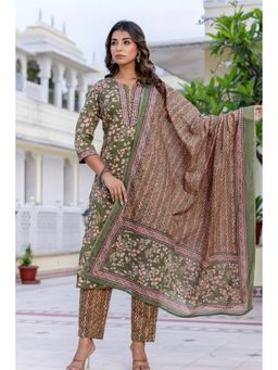 Kohsh - Women Green Straight Mul Cotton Kurta with Pant and Dupatta