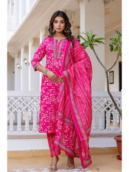 Kohsh - Women Pink Straight Cotton Kurta with Pant and Dupatta
