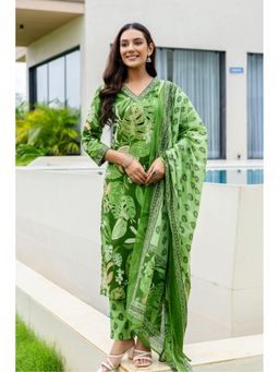 Kohsh - Women Green Straight Mul Cotton Kurta with Pant and Dupatta