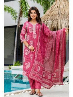 Kohsh - Women Maroon Straight Cotton Kurta with Pant and Dupatta