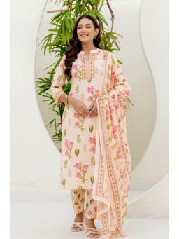 Kohsh - Women Peach Mul Cotton Kurta with Pant and Dupatta