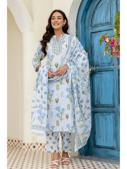 Kohsh - Women Blue Cotton Straight Kurta with Pant and Dupatta