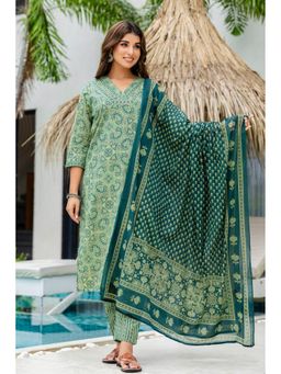 Kohsh - Women Green Cotton Kurta with Pant and Dupatta