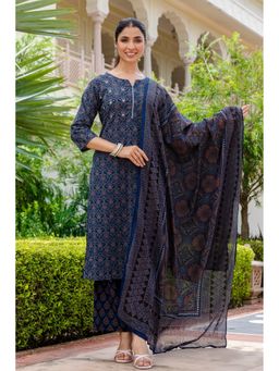 Kohsh - Women Blue Cotton Kurta with Palazzo and Dupatta