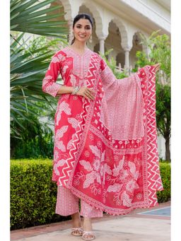Kohsh - Women Pink Straight Mul Cotton Kurta with Palazzo and Dupatta