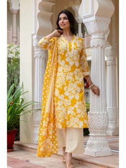 Kohsh - Women Yellow Straight Cotton Kurta with Palazzo and Dupatta