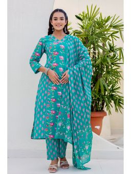 Kohsh - Women Teal Straight Mul Cotton Kurta with Pant and Dupatta