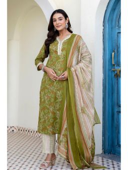 Kohsh - Women Green Straight Mul Cotton Kurta with Pant and Dupatta